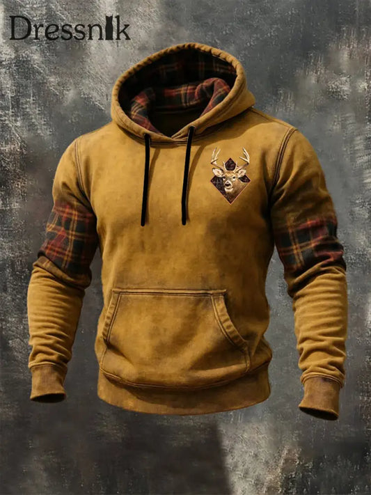 Herren Vintage Western Elk Übergroße Schulter Hoodie Khaki / S
