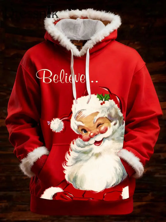 Herren Weihnachts mann Print Hoodie mit Pelz kragen Rot / S