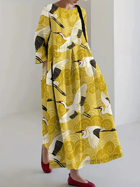 Japanische Kunst kran lang ärmel ige Damen kleider Gelb / S
