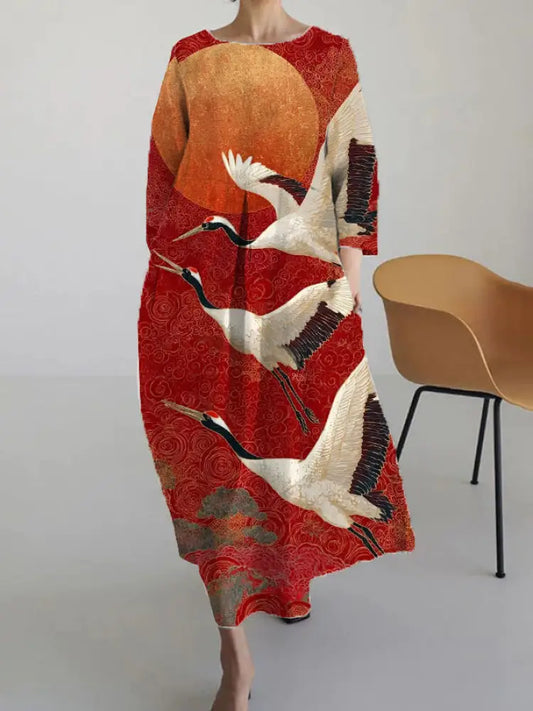 Japanische Kunst kran lang ärmel ige Damen kleider Rot / S