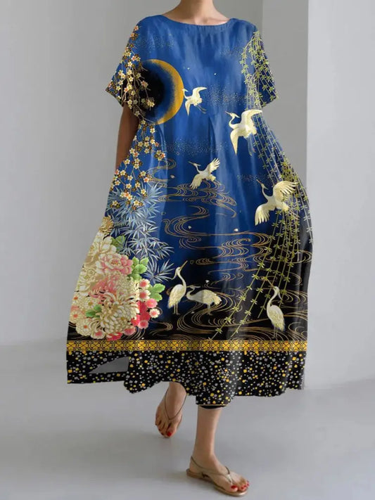 Kurzarm kleider für Damen Japanische Kunst kran als bild / S