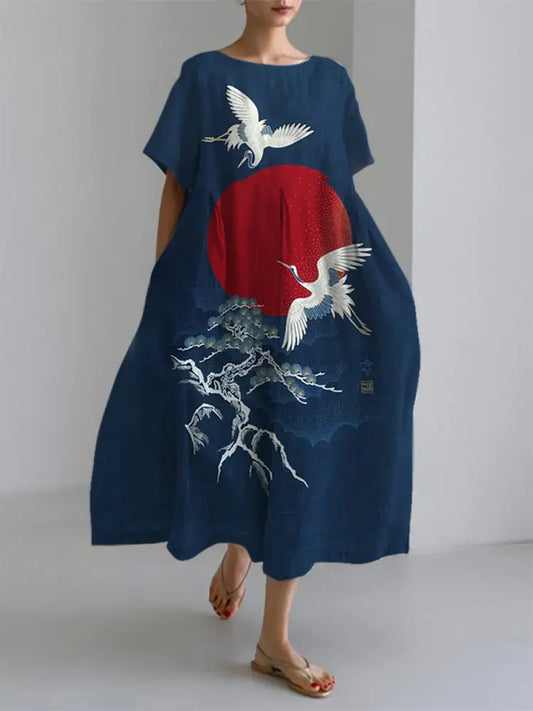 Kurzarm kleider für Damen Japanische Kunst kran Marineblau / S