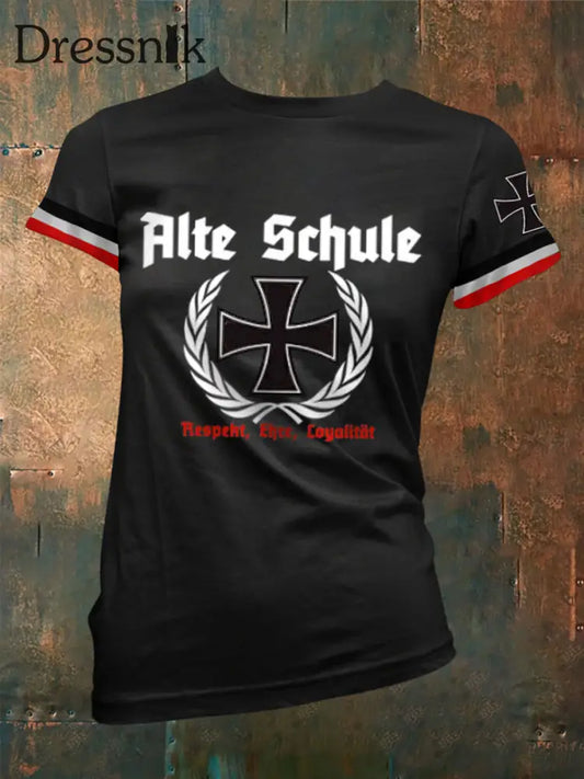 Kurzarm T-Shirt mit Aufdruck für Damen Alte Schule Schwarz / S