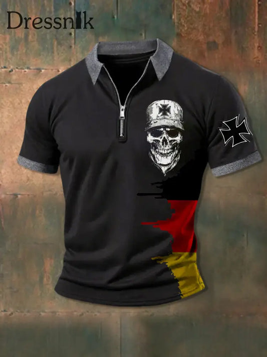 Männer Eisernes Kreuz Schädel Reiß verschluss kurz Ärmel Polo Schwarz / S