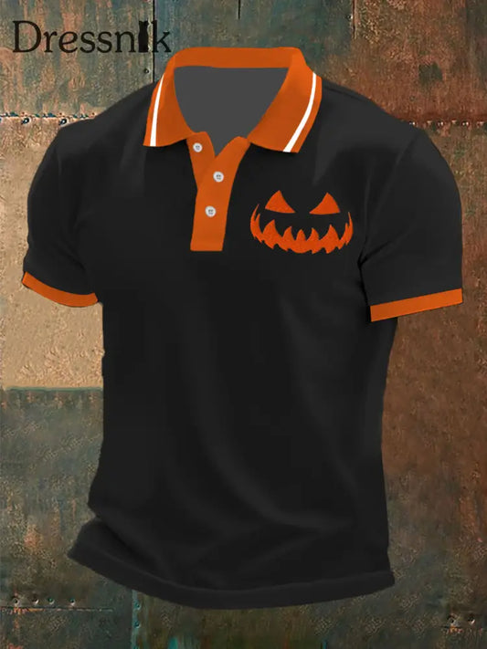 Männer Halloween Kürbis Gesicht Kurzarm Hemd Schwarz / S