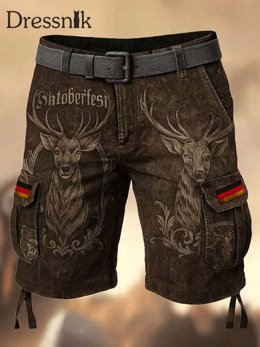 Oktoberfest-Hirschhosen Künstlerisch bedruckte Textur mit Kordel zug Taschen-Freizeit-Cargo-Shorts A / M