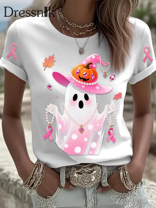 Retro Breast Cancer Pearl Halloween Ghost Print bequemes kurzärmliges T Shirt aus Baumwolle Weiß / S