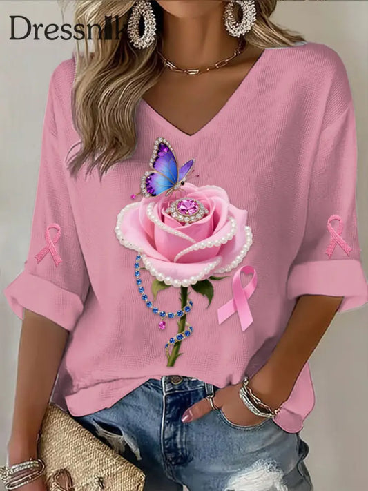 Retro Brustkrebs Perle Rose Blumen Schmetterling Abstrakt Print Lässige Baumwolle Waffel Langarm T Shirt Rosa / S