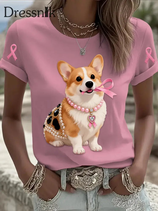 Retro Brustkrebs Perlens chmuck Corgi Welpen druck bequemes lässiges Kurzarm T Shirt aus Baumwolle Weiß / S
