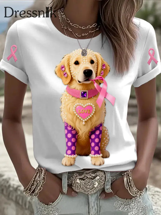 Retro Brustkrebs Perlens chmuck liebt niedlichen Hunde druck bequemes lässiges Kurzarm T Shirt aus Baumwolle Weiß / S
