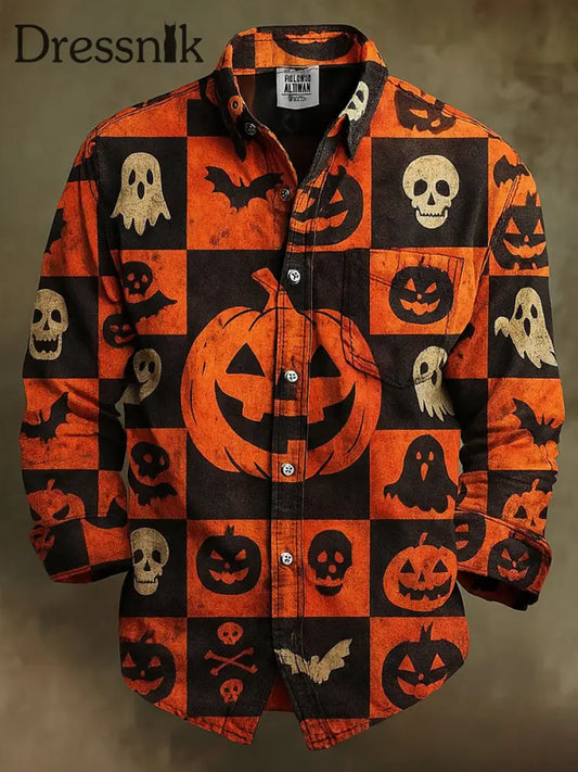 Retro Halloween Gothic Kunst Abstrakt Bedruckt Baumwolle Vintage Casual 100% Baumwolle Langarm Hemd A / S