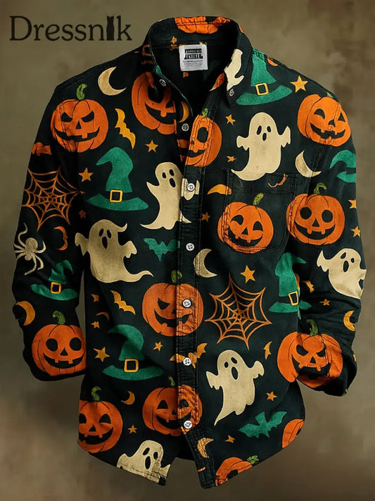 Retro Halloween Gothic Kunst Abstrakt Bedruckt Baumwolle Vintage Casual 100% Baumwolle Langarm Hemd A / S