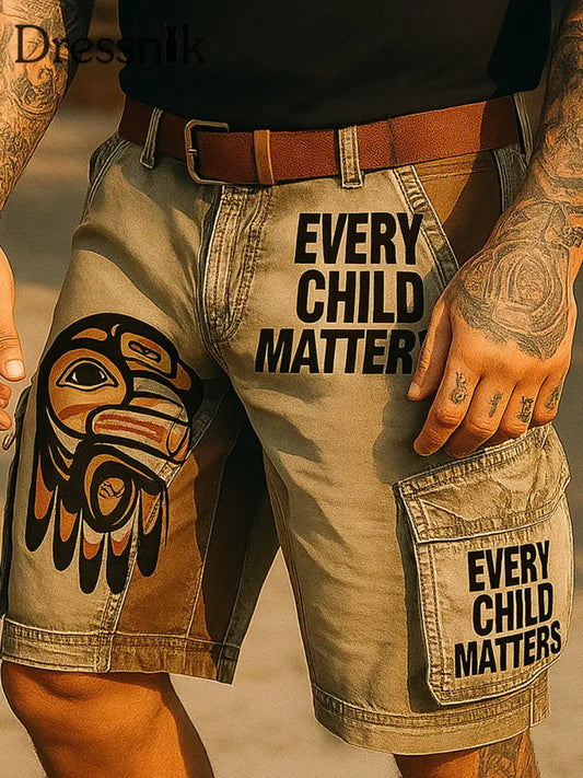 Retro Jedes Kind ist wichtig bedruckte Freizeit-Taschen-Cargo-Shorts im Freien A / M