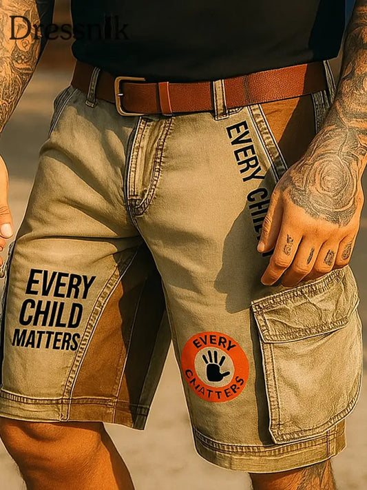 Retro Jedes Kind ist wichtig bedruckte Freizeit-Taschen-Cargo-Shorts im Freien A / M
