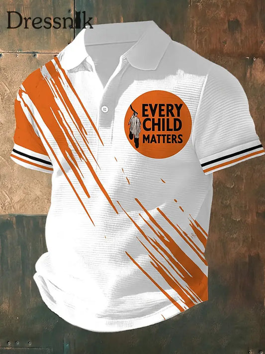 Retro Jedes Kind ist wichtig bedruckte Waffel-Textur Athletisches Kurzarm-Polo-Shirt mit V-Ausschnitt A / S