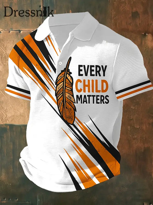 Retro Jedes Kind ist wichtig bedruckte Waffel-Textur Athletisches Kurzarm-Polo-Shirt mit V-Ausschnitt A / S