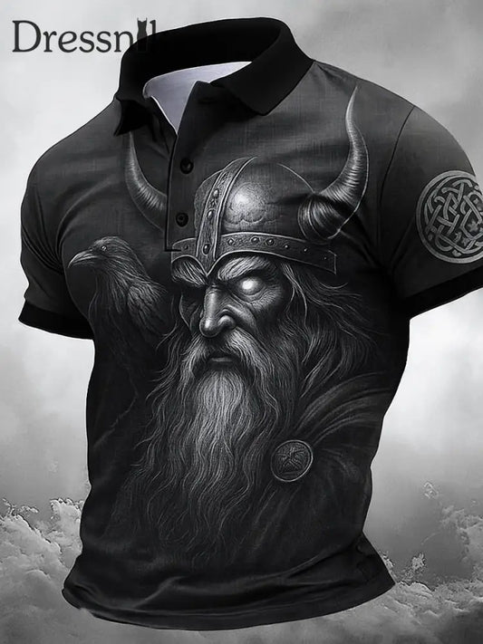 Retro nordische Viking-Grafik gedruckt Vintage-Stil V-Ausschnitt kurze Ärmel Polo-Shirt A / S