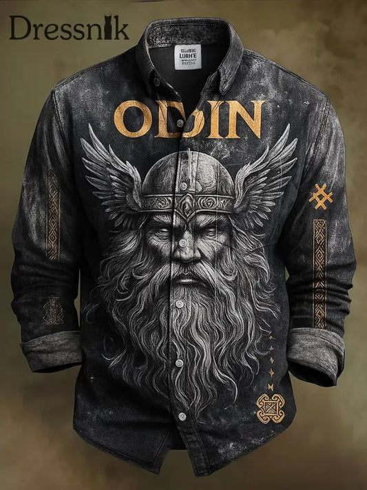 Retro Norse Viking Künstlerisch Bedruckt Baumwolle Vintage Casual 100% Baumwolle Langarm Hemd A / S