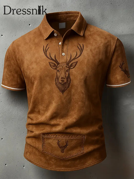 Retro Oktoberfest Hirsche Lederhosen Künstlerisch bedruckt Karierte Textur V-Ausschnitt kurze Ärmel Polo-Shirt A / S