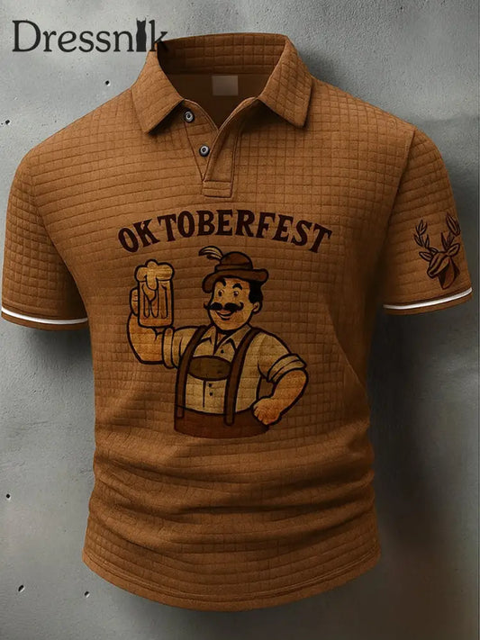 Retro Oktoberfest Hirsche Lederhosen Künstlerisch bedruckt Karierte Textur V-Ausschnitt kurze Ärmel Polo-Shirt A / S
