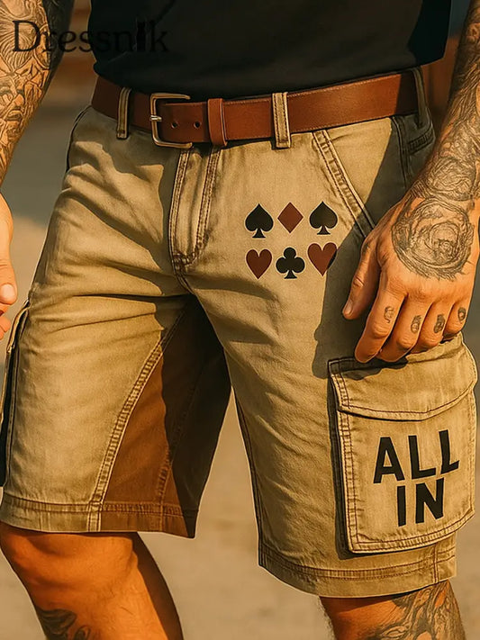 Retro Texas Hold’em Poker bedruckte Freizeit-Taschen-Cargo-Shorts im Freien A / M