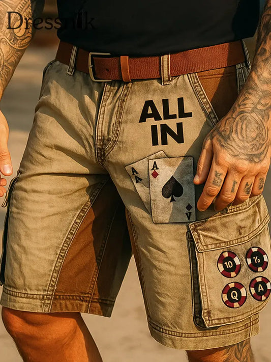 Retro Texas Hold’em Poker bedruckte Freizeit-Taschen-Cargo-Shorts im Freien A / M