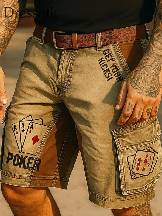 Retro Texas Hold’em Poker bedruckte Freizeit-Taschen-Cargo-Shorts im Freien A / M