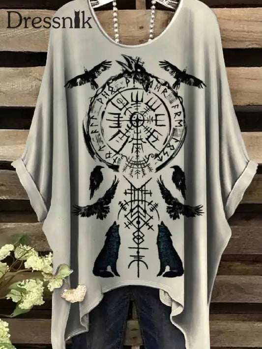 Retro Viking Print Casual Topp För Kvinnor als bild / S