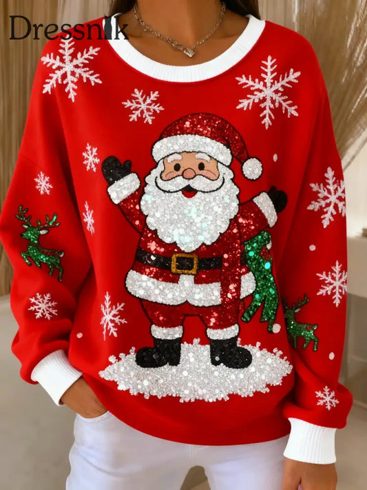 Retro Weihnachts glitter Weihnachts mann gedruckt lässig Lose Langarm Top Rot / S