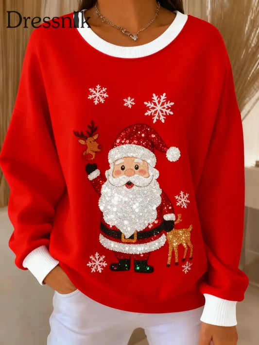 Retro Weihnachts glitter Weihnachts mann gedruckt lässig Lose Langarm Top Rot / S