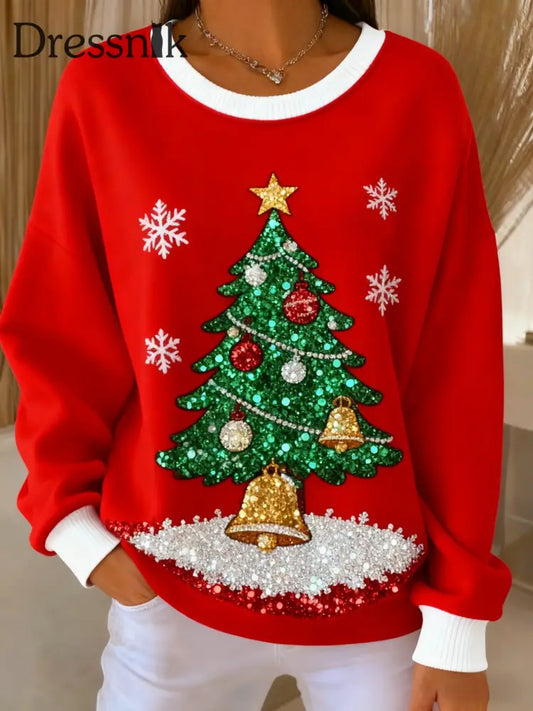 Retro Weihnachts-Pailletten-Weihnachts baum bedruckt lässig Lose Langarm-Top Rot / S