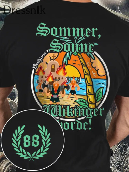 Sommer Sonne Wikinger bedrucktes Kurzarm-T-Shirt fĂŒr MĂ€nner Schwarz / S