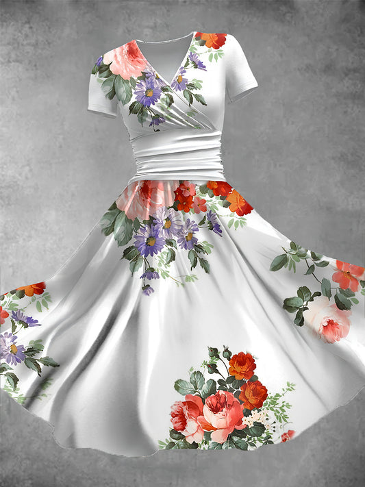 Damen Vintage Blumen kunst druck V-Ausschnitt Maxi kleid