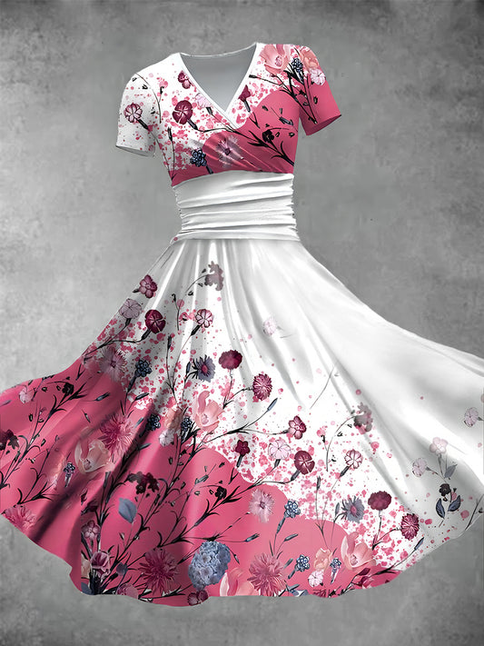 Damen Vintage Blumen kunst druck V-Ausschnitt Maxi kleid