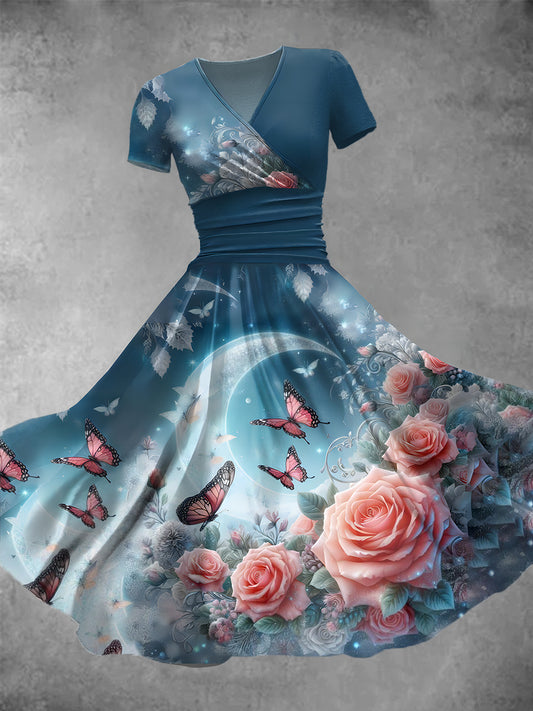 Damen Vintage Blumen Schmetterling Kunstdruck V-Ausschnitt langes Kleid