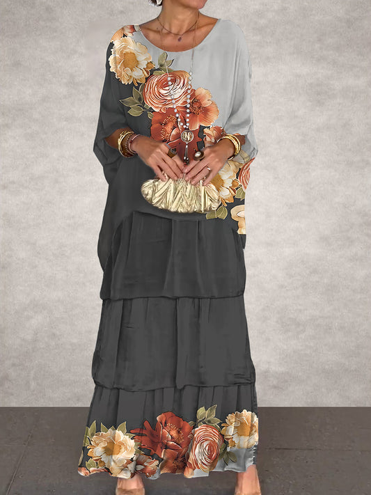 Damen Vintage Floral Art Kunstdruck Maxi kleid mit Rundhals ausschnitt
