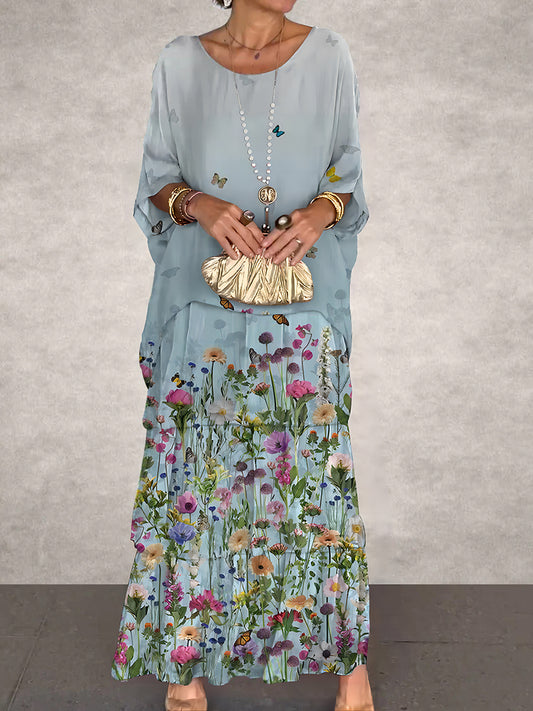 Damen Vintage Floral Art Kunstdruck Maxi kleid mit Rundhals ausschnitt