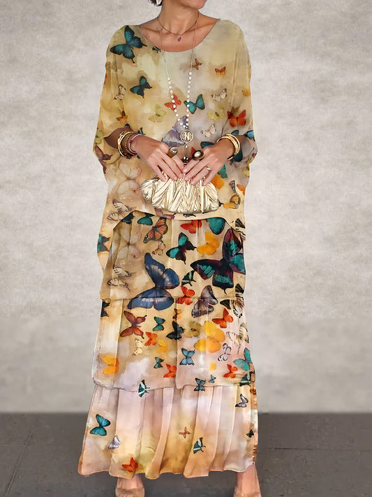 Damen Vintage Schmetterling Kunst Kunstdruck Crew Hals Maxi Kleid