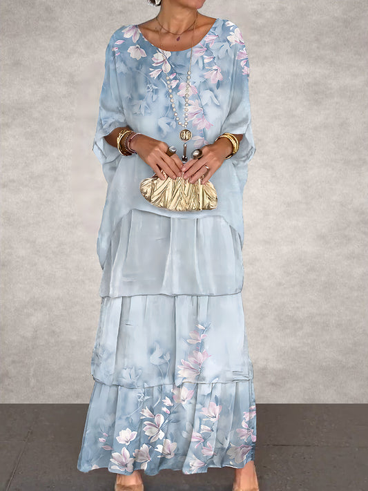 Damen Vintage Blue Floral Art Kunstdruck Maxi kleid mit Rundhals ausschnitt