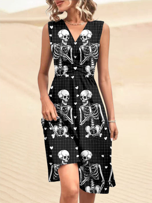 Vintage Punk-Schädel bedruckt mit V-Ausschnitt ärmel los pliziertes Design Mode Midi-Kleid