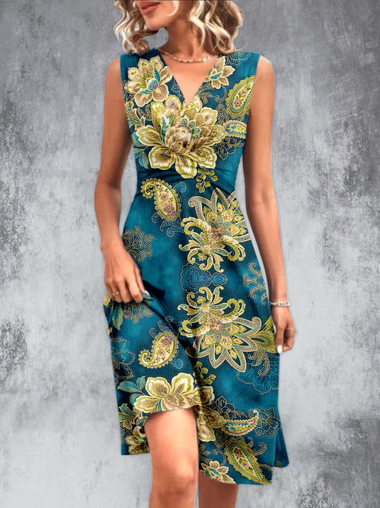 Vintage Floral Designs Bedruckt V-Ausschnitt ärmel los Plissee Design Mode Midi Kleid