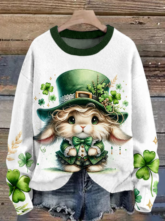 Glücks gras kaninchen bedrucktes Rundhals-Retro-Mode Lose Langarm-Sweatshirt