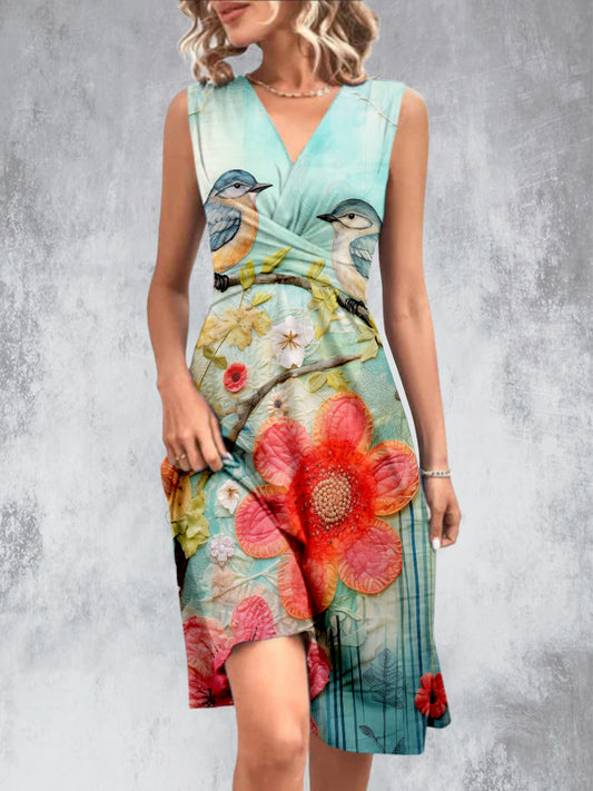Vintage Frühlings garten bedrucktes, ärmel loses, pliziertes Design mit V-Ausschnitt, modisches Midi-Kleid