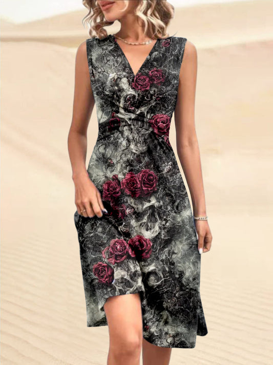 Vintage Punk Schädel Rose Bedruckt V-Ausschnitt ärmel los Plissee Design Mode Midi Kleid