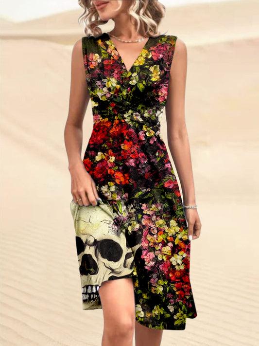 Vintage Punk Schädel Blume Bedruckt V-Ausschnitt ärmel los Plissee Design Mode Midi Kleid