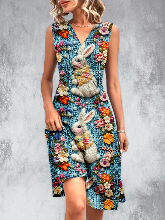 Vintage Garten Kaninchen Bedruckt V-Ausschnitt Ärmelloses Plissee Design Mode Midi Kleid