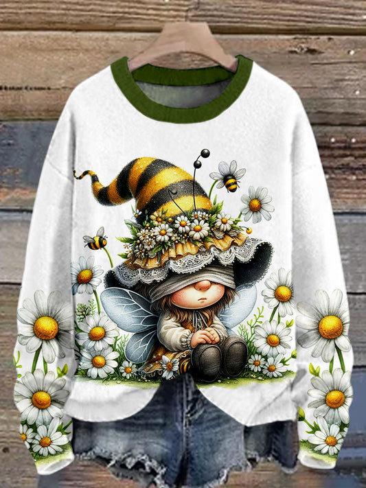 Kleine Daisy Bee Gnome bedruckt Rundhals Retro-Mode Lose Langarm Sweatshirt