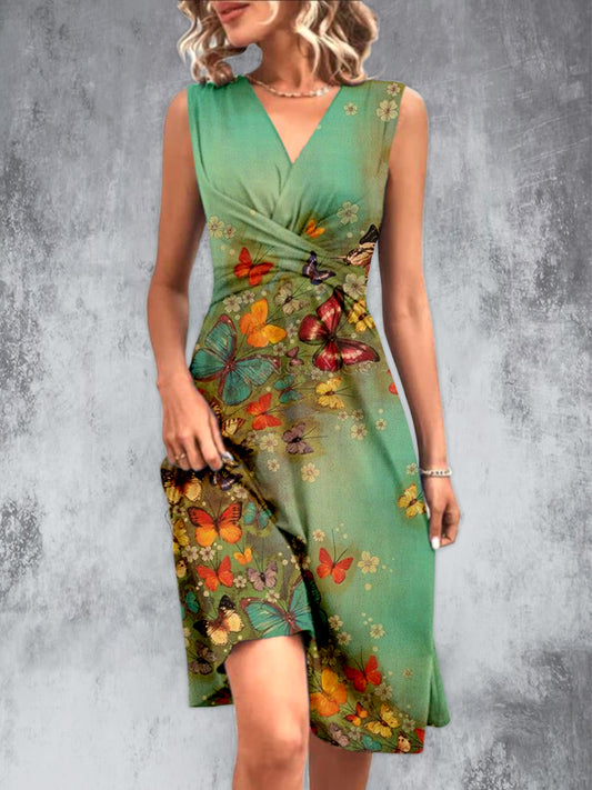 Vintage Schmetterling flatternd bedruckt mit V-Ausschnitt ärmel los pliziertes Design Mode Midi-Kleid