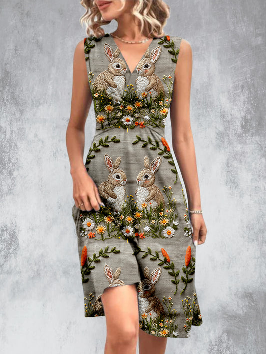 Vintage Garten Kaninchen Bedruckt V-Ausschnitt Ärmelloses Plissee Design Mode Midi Kleid