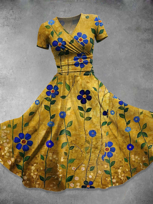 Elegante Vintage Blumen bedruckt V-Ausschnitt Kurzarm Mode Design Midi-Kleid